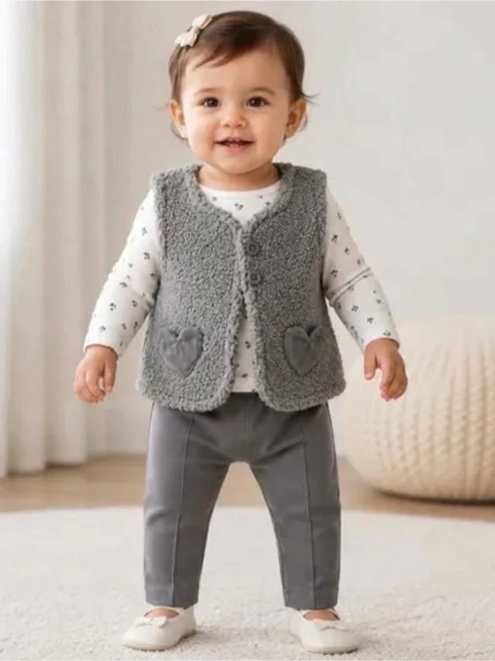 Carter's Baby Girl 3-Piece Sherpa Vest Outfit Set Gray & White